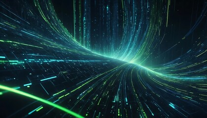 Fototapete - Abstract Digital Flow: Glowing Teal and Green Data Stream