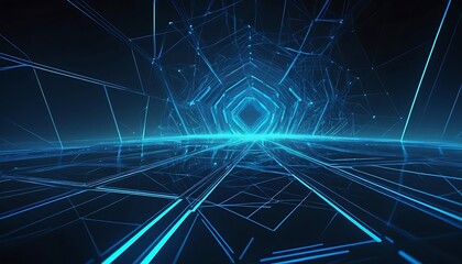 Poster - Cybernetic Tunnel: Glowing Blue Lines and Reflective Surfaces