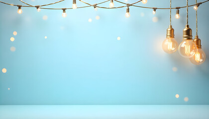 Wall Mural - A light blue background with a smooth texture, adorned with golden string lights hanging at the top