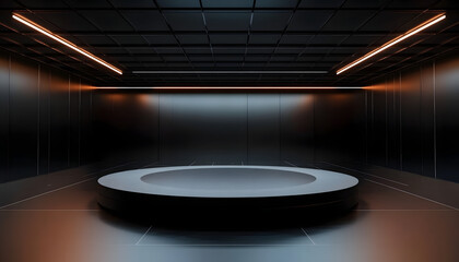 Poster - Dark studio space. Circular platform in center. Bright lights reflect. Minimalist design. Modern, futuristic tech style. Ideal for product presentation. Empty room. Powerful, modern, clean digital