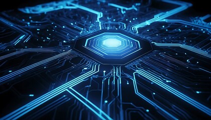 Fototapete - Glowing Blue Circuitry: Abstract Technological Artwork