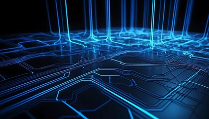 Fototapete - Abstract Circuitry: Glowing Blue Lines in Dark Tech Artwork