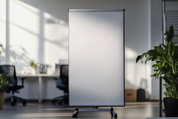 Canvas Print - A blank roll-up banner standing in an office setting, symbolizing the potential for advertising and public discovery through digital marketing techniques. White background