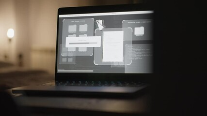 In dark room a computer laptop shows hack into secure system stealing files. Copying and transferring top secret and confidential information and documents from government database with cyber access
