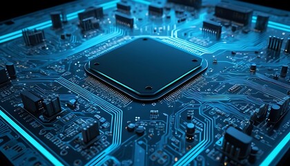 Poster - Circuit Board: Central Processor Unit in Cool Blue Glow