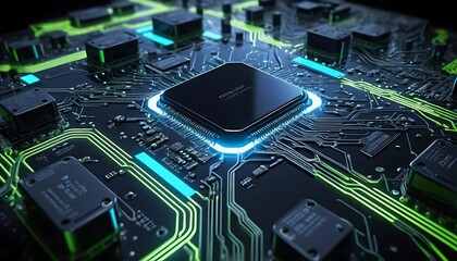 Poster - Glowing Circuit Board: Central Processor Unit in Vivid Green and Blue