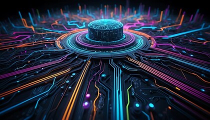 Poster - Neon Circuit Board: Glowing Core, Artistic Digital Design