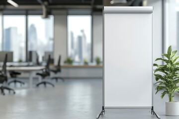 Canvas Print - A blank roll-up banner standing in an office setting, symbolizing the potential for advertising and public discovery through digital marketing techniques. White background