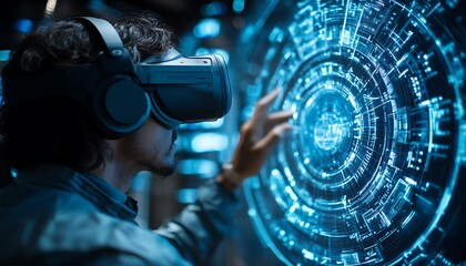 Aufkleber - Man using VR headset interacts with a futuristic, swirling digital interface.