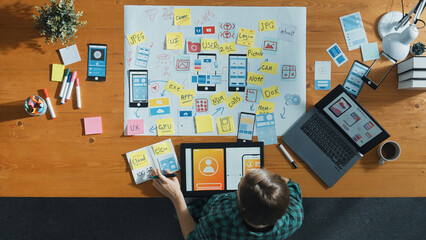 Poster - top view of smart developer working on tablet and writing ux ui design for mobile phone interface at