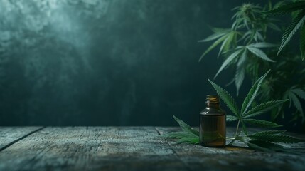 Wall Mural - Cannabis leaf and a small bottle of oil on a wooden table, against a dark background. Ragged cannabis leaves with copy space for text. 