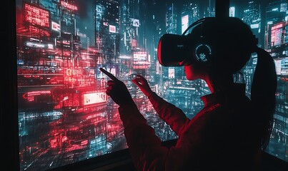 Poster - Woman in VR headset interacts with futuristic city displayed on large screen.