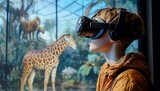 Boy using VR headset, viewing virtual safari with giraffes and other animals.
