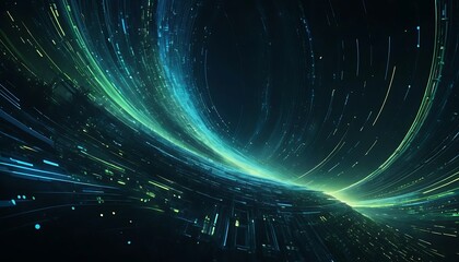 Poster - Abstract Digital Flow: Teal and Green Light Trails in a Dark Cosmic Space