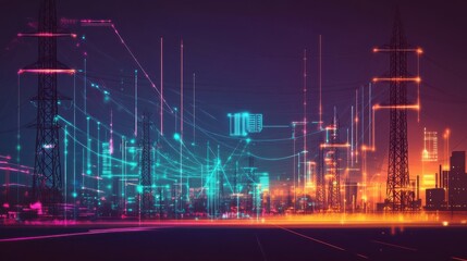 Poster - Futuristic Energy Grid Technology with Neon Lights and Cityscape