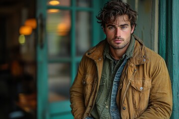 Young man in casual attire poses thoughtfully near a teal door in a cozy indoor setting