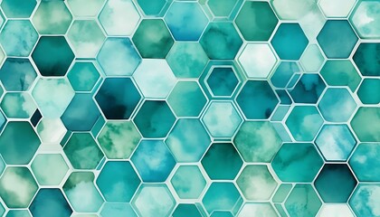 Fototapete - Serene Teal Hexagon Watercolor Mosaic: An Abstract Teal and Green Pattern