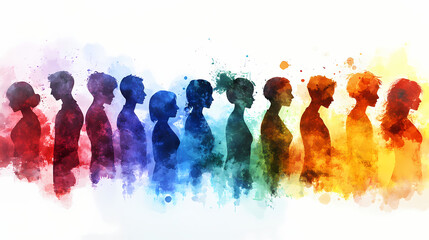 Wall Mural - The watercolor silhouettes of diverse people, multicolored spectrum, white background, vibrant and dynamic, generative ai,. Watercolor Harmony. Illustration