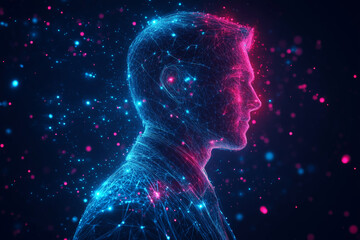 Poster - Businessman in digital wireframe among glowing particles and colors