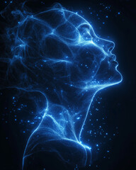 Poster - Glowing wireframe silhouette of a person in a dark cosmic setting