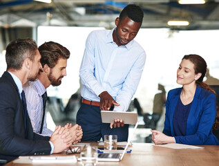 Poster - Man, tablet and people in office for meeting, project review and business proposal idea. Male employee, technology and team in agency for pitch, information update and task feedback for productivity