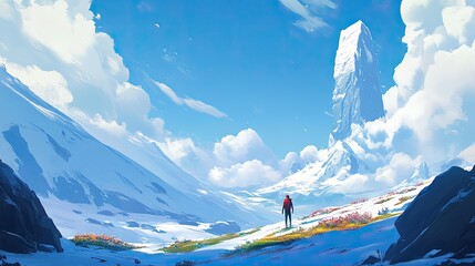 Wall Mural - A lone figure contemplates a majestic snow capped mountain