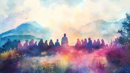 Wall Mural - A watercolor scene of the sermon on the mount, with soft pastel colors blending into the background, emphasizing jesus gentle teaching presence. Watercolor Harmony. Illustration