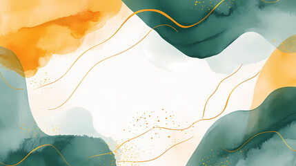 Wall Mural - Abstract green and gold watercolor background with fluid shapes and organic lines. Watercolor Harmony. Illustration