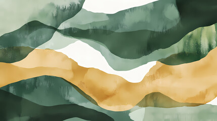 Wall Mural - Abstract green and gold watercolor background with fluid shapes and organic lines. Watercolor Harmony. Illustration