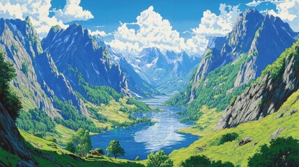 Wall Mural - Serene Mountain Lake Valley Landscape Under Blue Sky