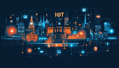 Poster - Smart city at night, illuminated buildings connected by digital network, showcasing IoT concept.