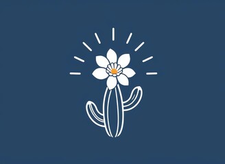 Poster - an image of a flower with a sunburst on it, a white flower with a yellow center on a blue background