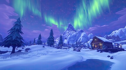 Wall Mural - Winter Cabin Underneath Aurora Borealis Lights