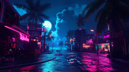 Wall Mural - Synthwave retro tropical beach town, neon light, night street, cyberpunk futuristic background, shops, palms, sea coast, neon vaporwave illustration. Vaporwave Neon. Illustration