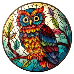 Colorful stained glass owl design perched on a branch with vibrant leaves and intricate patterns