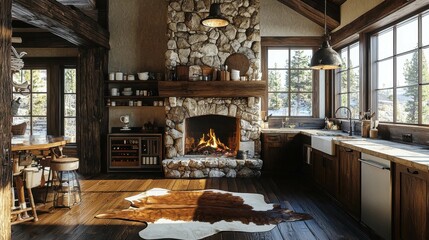 Wall Mural - Cozy Rustic Kitchen with Stone Fireplace and Natural Decor Elements