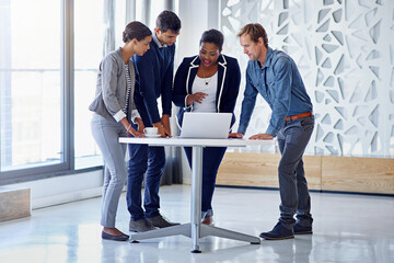 Aufkleber - Business people, planning or laptop in startup for teamwork, budget discussion or research. Meeting, investor or collaboration for online growth for group project capital, ideas or development
