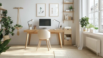 Poster - Cozy Modern Home Office with Desk, Computer, Plants, and Decor
