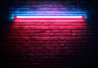 Poster - Blue and red neon lights on a brick wall.