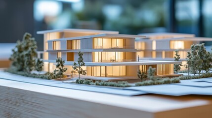Aufkleber - Blueprints with house models showcase construction plans for real estate or bank loan applications.