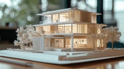 Aufkleber - Blueprints with house models showcase construction plans for real estate or bank loan applications.