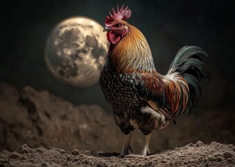 Spooky Halloween Stock Photo of a Silhouette of a Dark Rooster Zombie Monster at Night