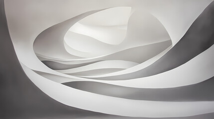 Wall Mural - An abstract, ethereal interior scene featuring smooth, flowing curves and layers in varying shades of white and gray, evoking a sense of depth and tranquility. Sculptural Depth. Illustration