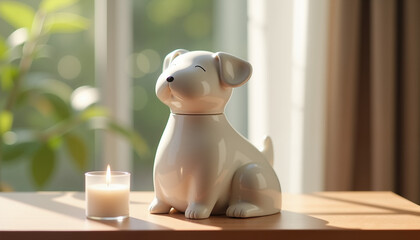 Cute white dog figurine with candle on wooden table in bright room