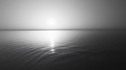 Wall Mural - Minimalist black and white seascape featuring the sun setting over a calm body of water, creating a serene and peaceful atmosphere