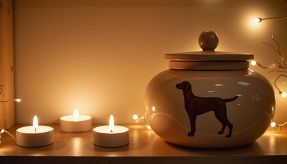 Wall Mural - Decorative dog urn with candles and fairy lights