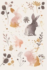 Wall Mural - Modern Easter Poster with Abstract Bunny Silhouettes and Floral Designs in Gold and Pastel Colors