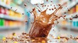 © Dulemegapixel - A delightful splash of rich chocolate drink is showcased against a colorful grocery backdrop, embodying fun and the joy of indulgence in a unique visual.