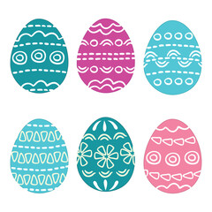 Easter eggs with hand drawn ethnic ornamets. Blue, pink, lilac colors elements and linear pattern. Vector design set isolated on white. Decor for cards, posters, banners. Flat color illustration.