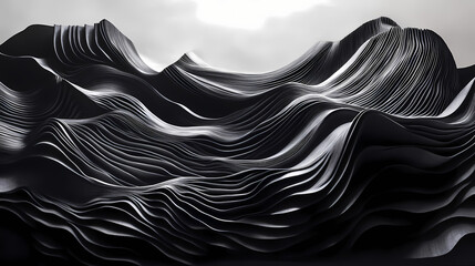 Wall Mural - A black and white abstract landscape featuring flowing, wavy forms created by varying textures and shadows, evoking depth and movement. Sculptural Depth. Illustration